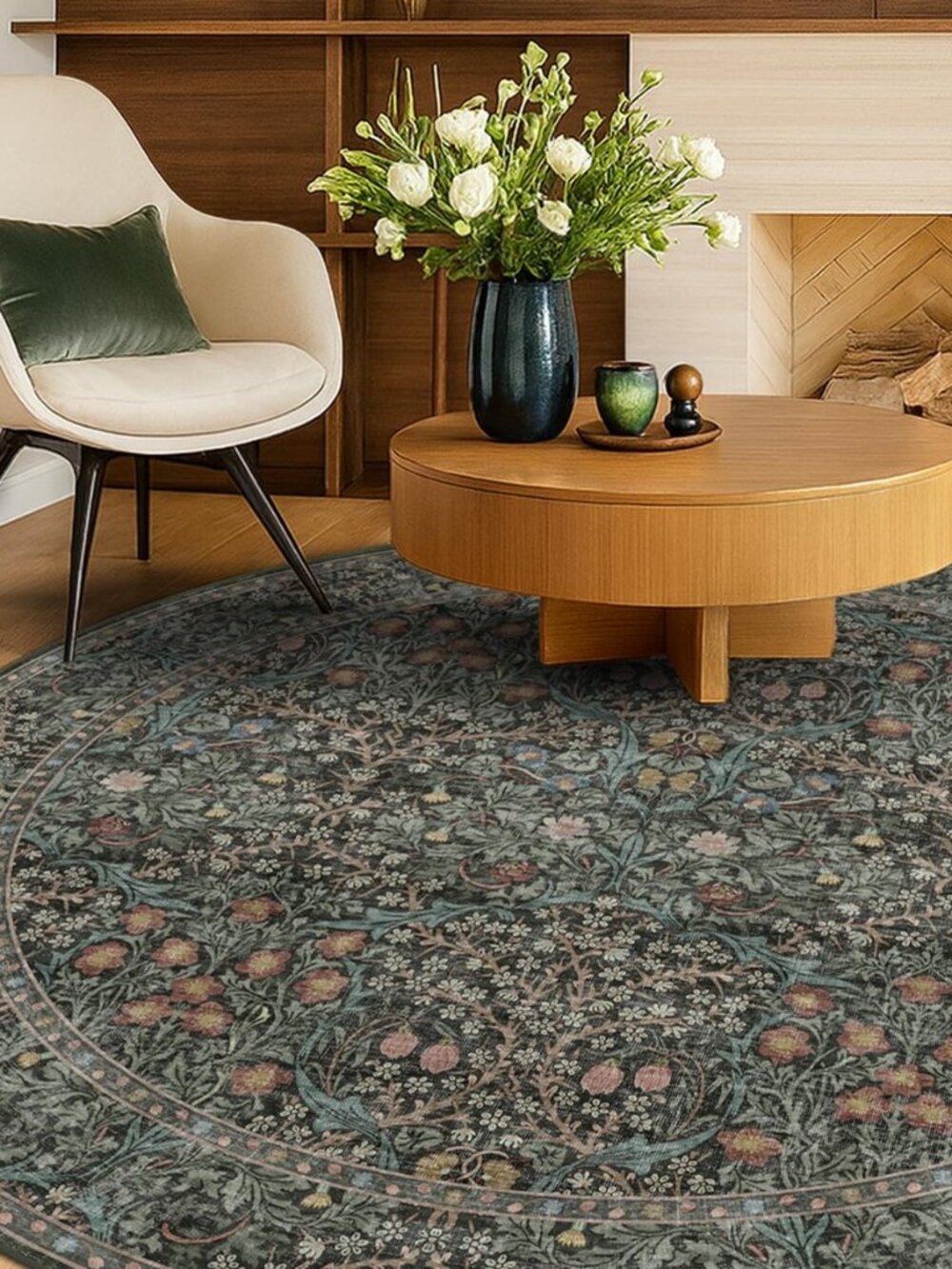 Washable Round Rugs 6ft, Vintage Dark Green Floral Circle Area Rug Soft
